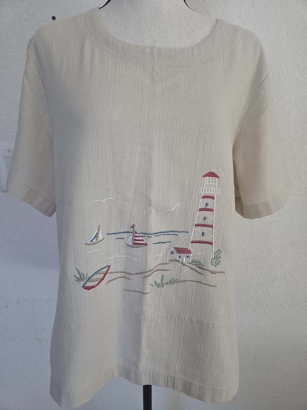 Southern Lady Vintage Lighthouse Embroidered Coastal Grandma Linen-Look Top Sz L